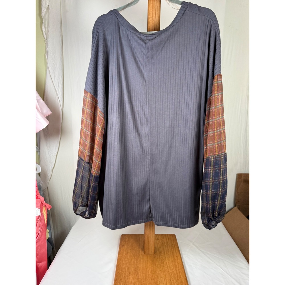 Haptics by Holly Harper Grey Ribbed Top Mixed Plaid‎ Balloon Sleeve Oversized xl